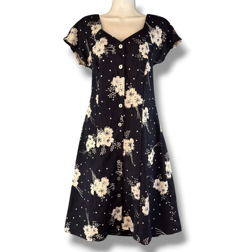Coldwater Creek Floral Midi Dress Navy Blue/Ivory Size 10 Fairy/Cottage/Romantic